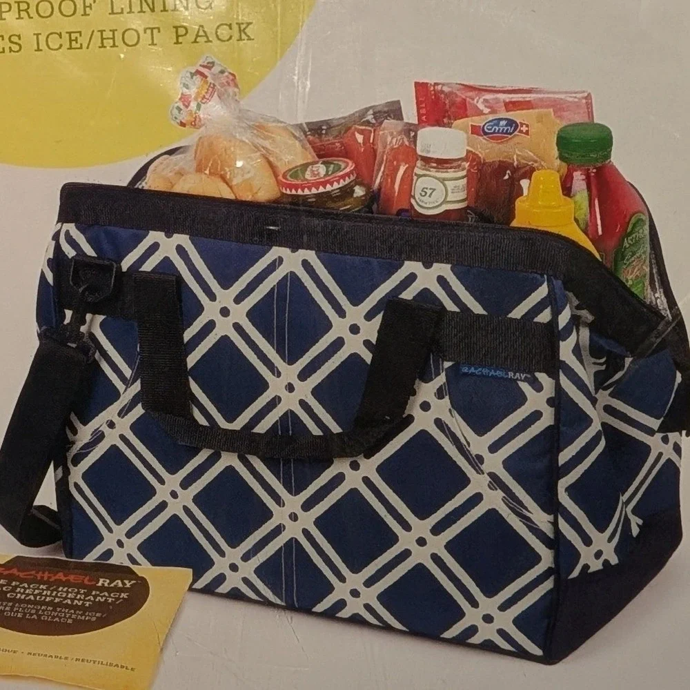 Rachael Ray Insulated Food Doctor Bag Navy Blue Geometric Cooler Tote with Strap